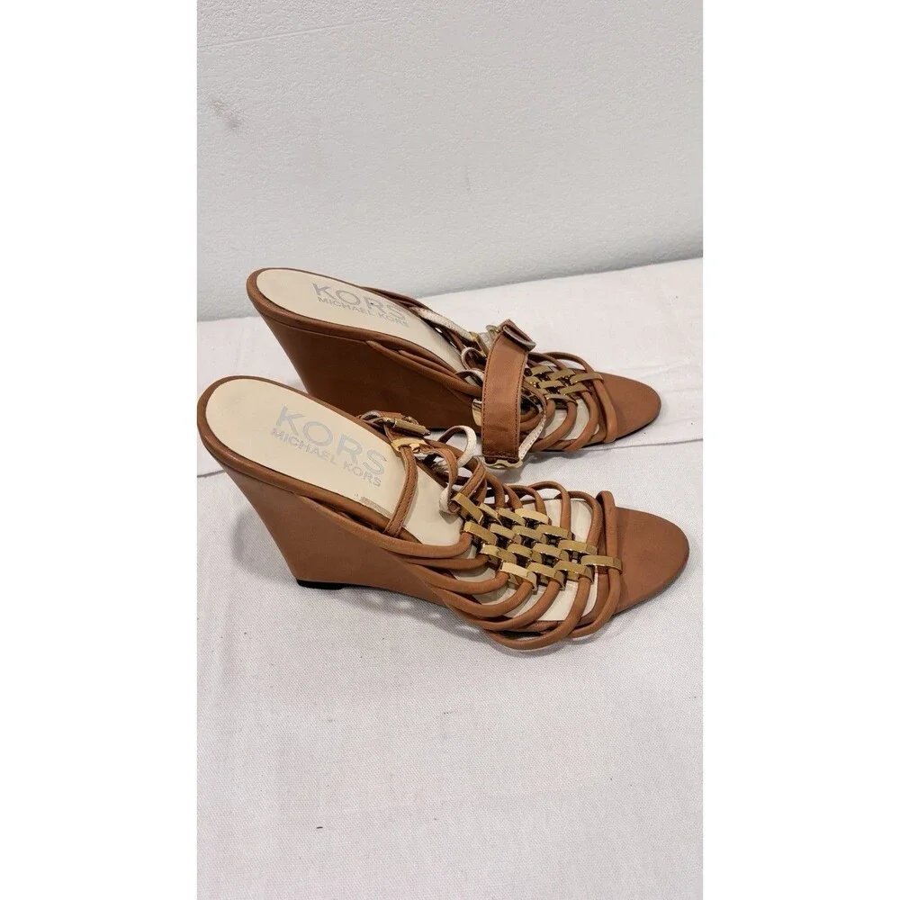 Michael Kors Wedge Sandals‎ Size 8 Brown Leather Strappy Gold Accent Heels